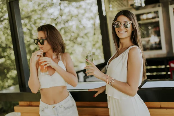 Dos Mujeres Jóvenes Bonitas Tomando Cócteles Divirtiéndose Junto Piscina Caluroso —  Fotos de Stock