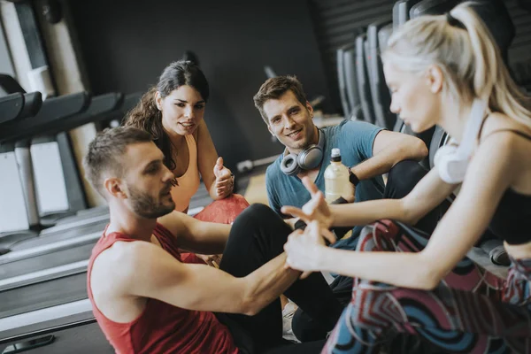 Vänner i sportkläder prata tillsammans medan du står i ett gym — Stockfoto