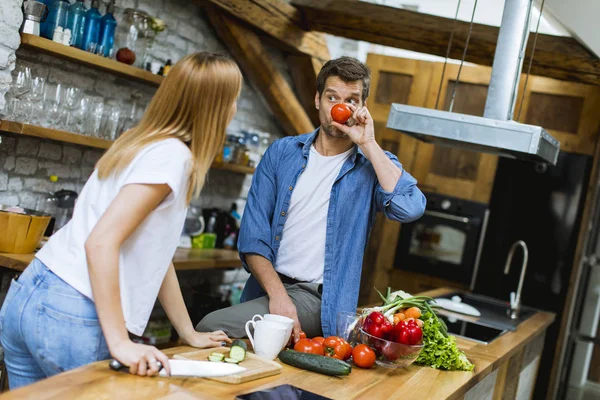 Lovely Cheerful Young Couple Cooking Dinner Together Having Fun Rustic — Stock Photo, Image