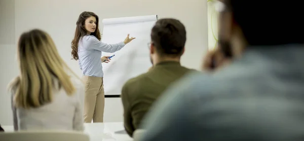 小さなオフィスでのワークショップ中に学生とビジネスプランについて話す創造的なポジティブな女性リーダー — ストック写真