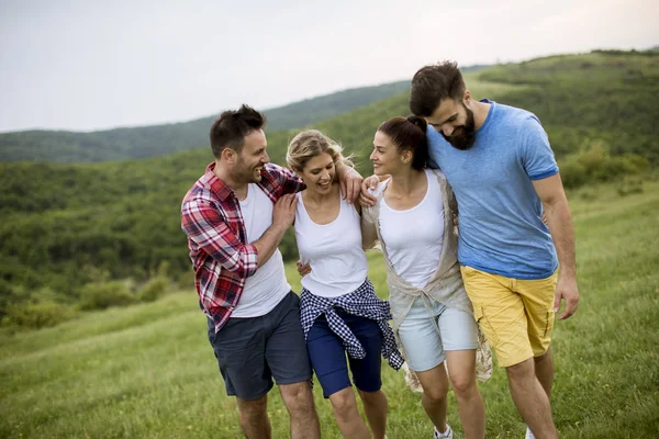 Gruppo Giovani Felici Che Camminano Nel Campo Estivo — Foto Stock