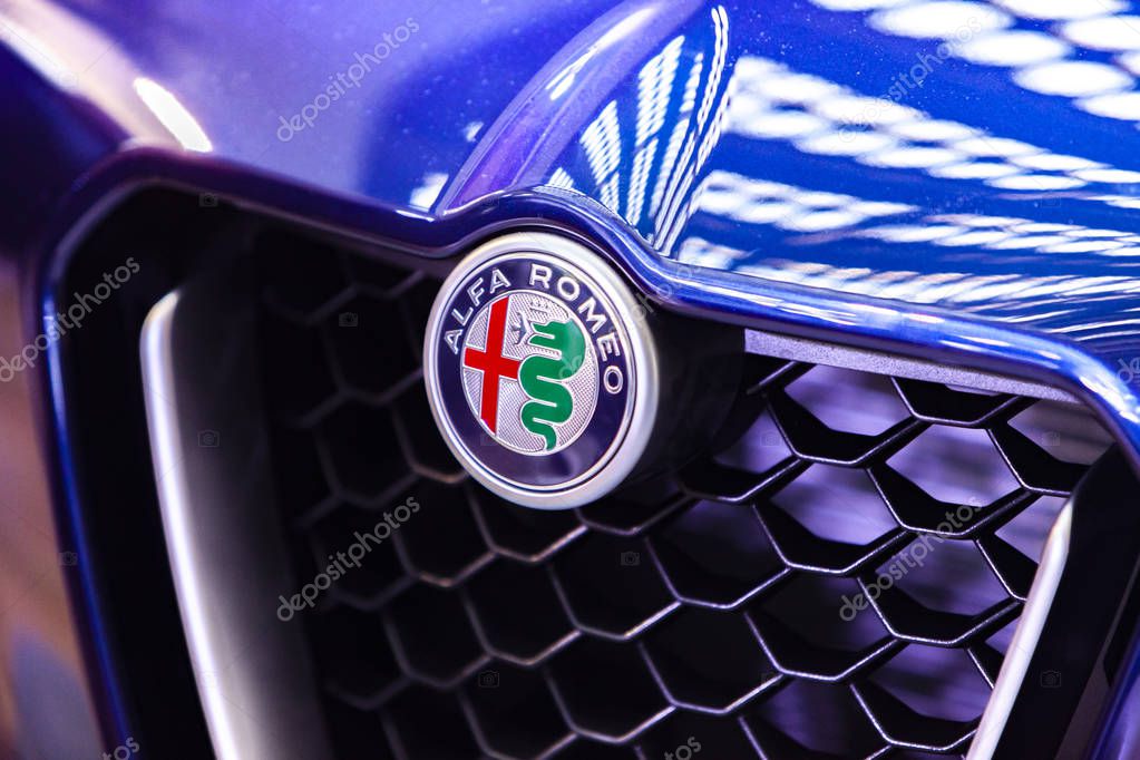 BELGRADE, SERBIA - MARCH 23, 2019: Detail of the alfa Romeo car in Belgrade, Serbia. Alfa Romeo Automobiles S.p.A. is an Italian luxury car manufacturer founded at 1910.