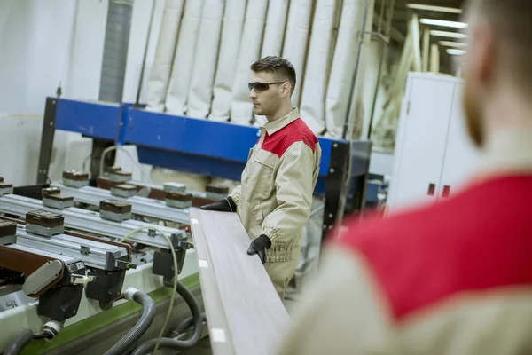 Two Handsome Young Men Working Furniture Factory — Stock Photo, Image