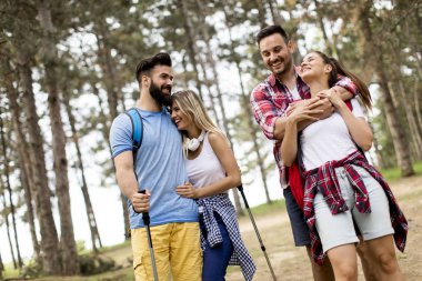 Bir grup genç insan dağda bahar günü hiking