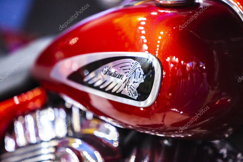 BELGRADE, SERBIA - MARCH 23, 2019: Detail from Indian motorcycle in Belgrade, Serbia. Indian is an American brand of motorcycles originally produced from 1901 to 1953 in Springfield.