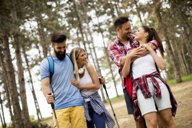 Bir grup genç insan dağda bahar günü hiking