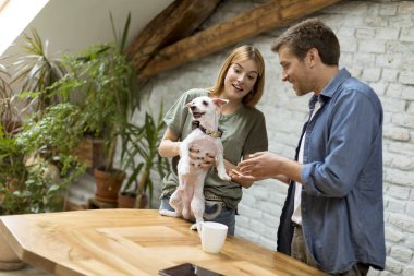 Sevgi dolu çift odada sevimli beyaz köpek ile oynuyor