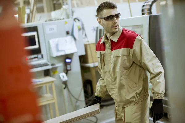 Handsome Young Man Working Furniture Factory — Stock Photo, Image