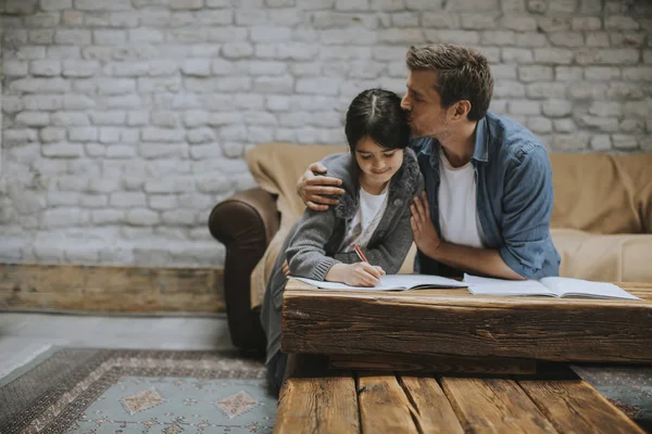 Happy Family Father Child Daughter Doing Homework Home — Stock Photo, Image
