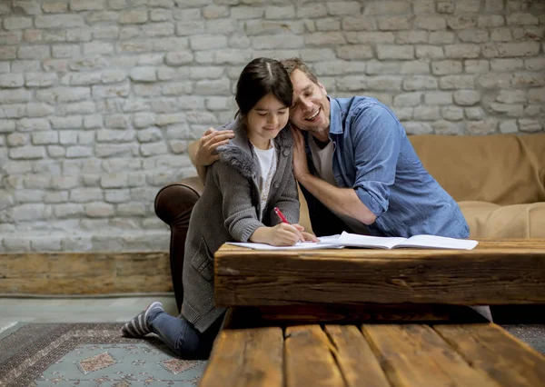 Happy Family Father Child Daughter Doing Homework Home — Stock Photo, Image