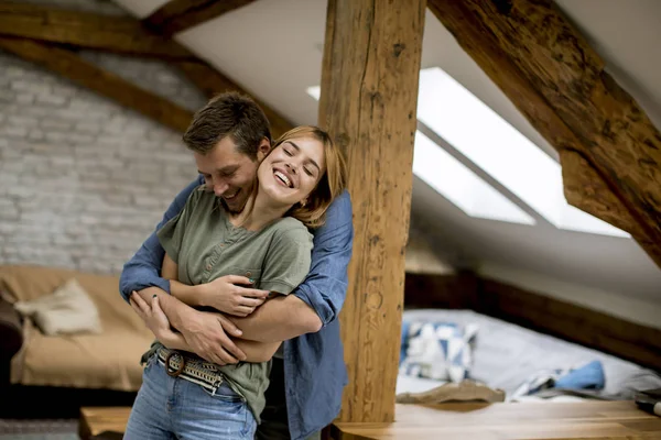 Young Man Woman Hugging Standing Home Interior Tender Husband Embracing — 스톡 사진