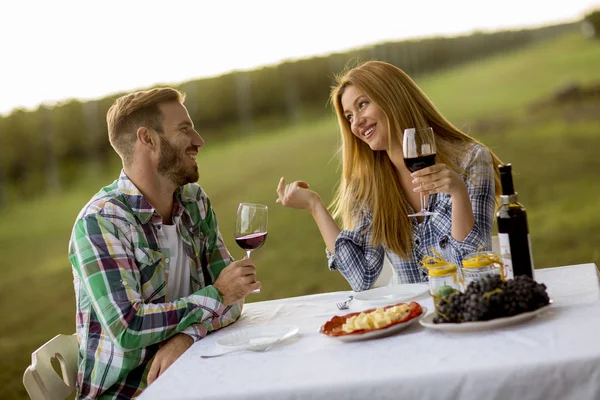 Junges Paar Beim Abendessen Weinberg Auf Dem Land — Stockfoto