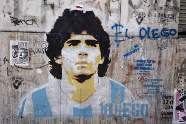 Buenos Aires, Arjantin - 20 Ocak 2018: Buenos Aires, Arjantin'de Diego Armando Maradona sokak sanatı. Maradona Arjantinli eski futbolcu ve dünyanın en ünlü oyuncularından biridir.