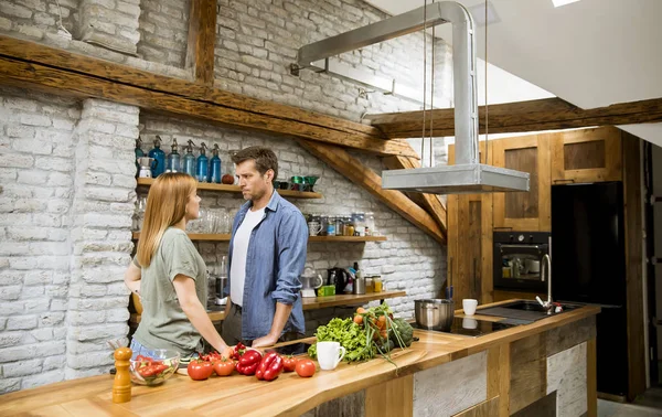 Lovely Cheerful Young Couple Cooking Dinner Together Having Fun Rustic — Stock Photo, Image