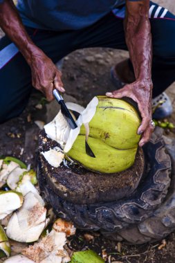 Hindistan cevizini büyük bıçakla kesen bir adamın yakın çekimi