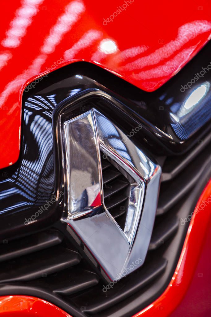 BELGRADE, SERBIA - MARCH 23, 2019: Sign on front of Renault Clio in Belgrade, Serbia. Groupe Renault is a French multinational automobile manufacturer established in 1899.
