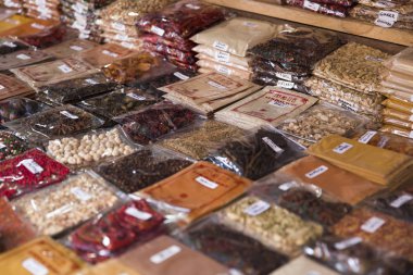BALI, INDONESIA - JANUARY 26, 2019: Natural spices on the traditional market at Bali, Indonesia. At 2017, Indonesia was 5th producer of spices in the world. clipart