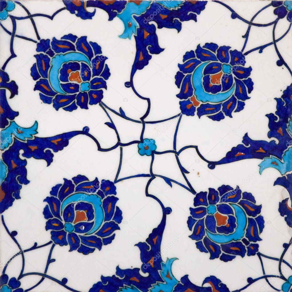 Ancient Ottoman handmade turkish tiles with floral patterns from Topkapi Palace in Istanbul, Turkey