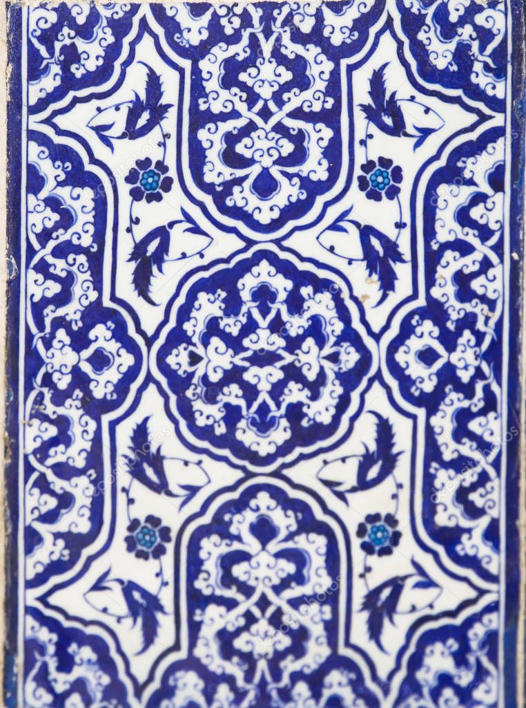 Ancient Ottoman handmade turkish tiles with floral patterns from Topkapi Palace in Istanbul, Turkey