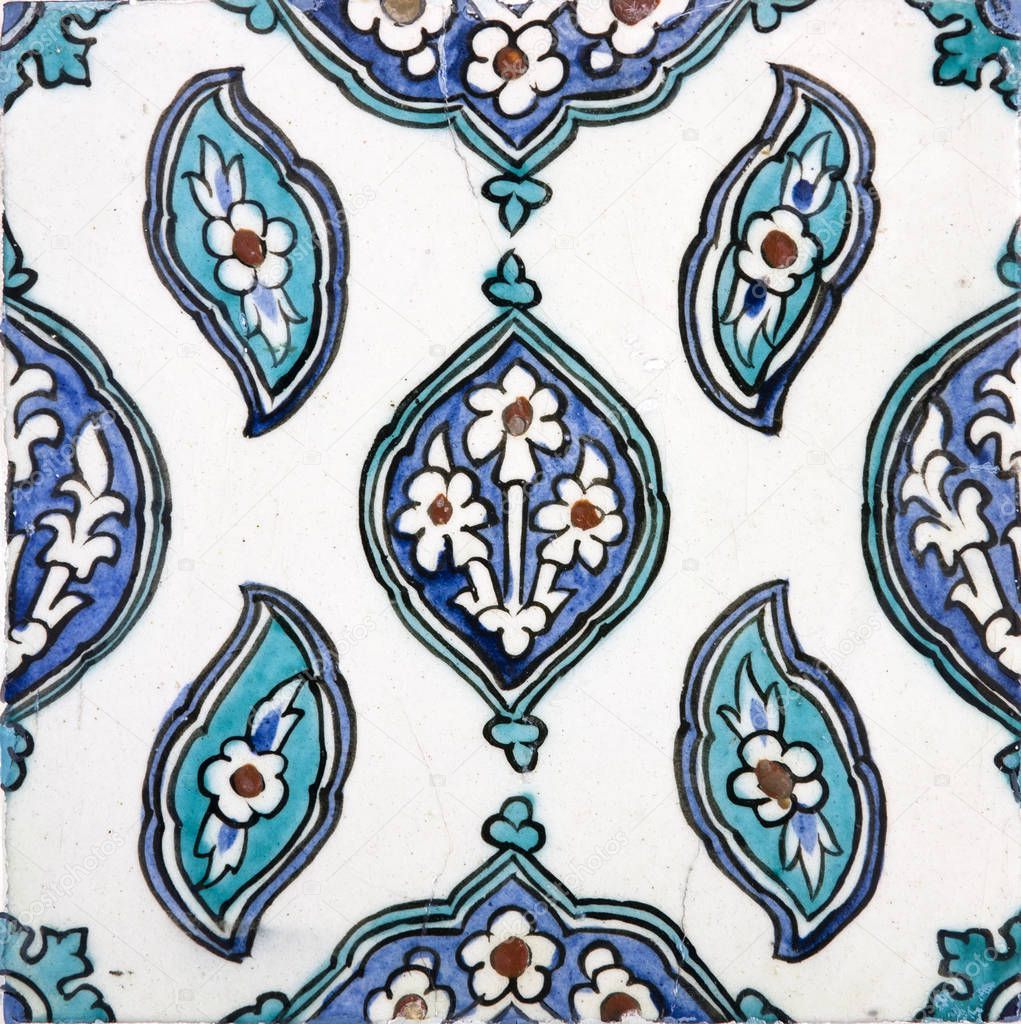 Ancient Ottoman handmade turkish tiles with floral patterns from Topkapi Palace in Istanbul, Turkey