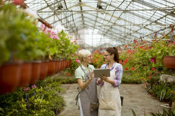 デジタルタブレットからの指示を見ながら花を選択するシニアと若い近代的な花屋の女性 — ストック写真