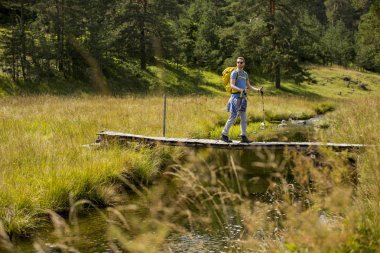 Sırt çantası ile Yakışıklı genç adam güneşli bir günde bir dağ dere haçlar