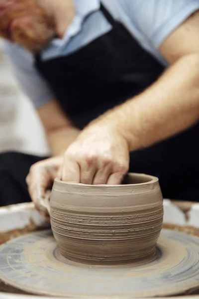 Close Detail View Mail Artist Makes Clay Pottery Spin Wheel — Stock Photo, Image