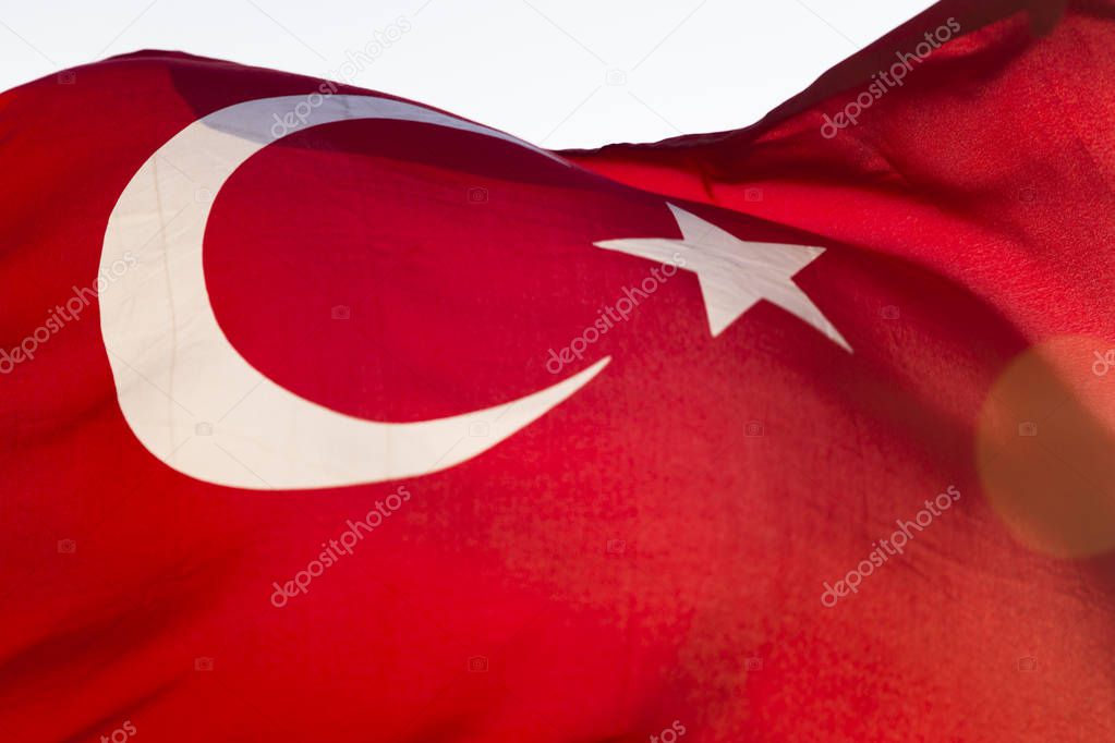 Closeup detail of Turkish flag waving in the wind