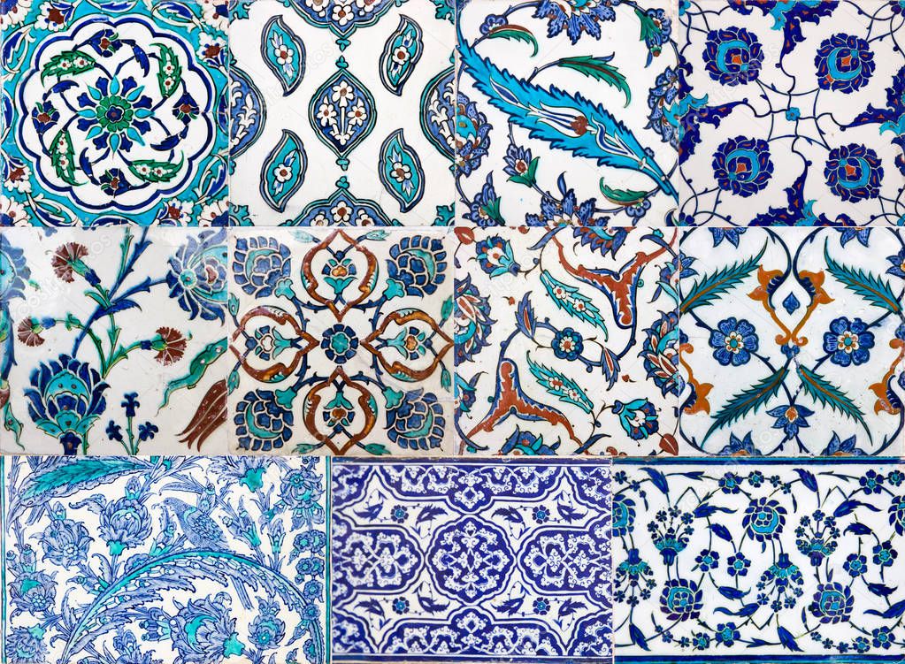 Ancient Ottoman handmade turkish tiles with floral patterns from Topkapi Palace in Istanbul, Turkey