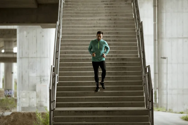 Handsome Young Man Running Fast Outdoors City — Stock Photo, Image