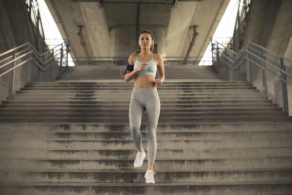 Pretty Young Woman Running Alone Stairs Outdoor Urban Environment — Stock Photo, Image