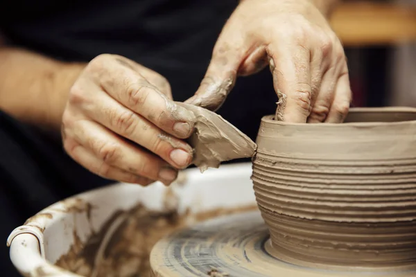 Close Detail View Mail Artist Makes Clay Pottery Spin Wheel — Stock Photo, Image