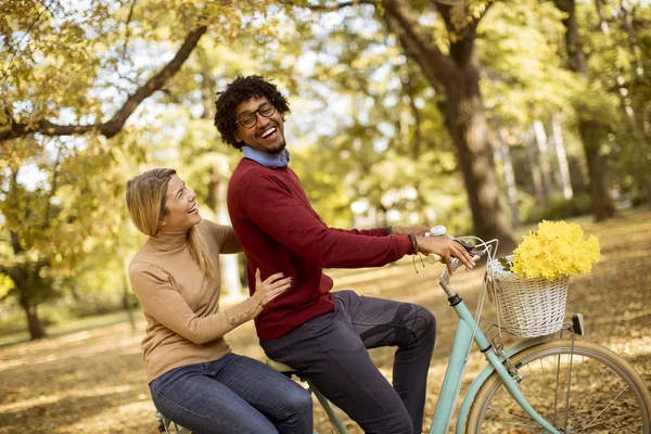 Multiracial Young Couple Riding Bicycle Autumn Park — Stock Photo, Image