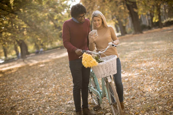 Multiracial Young Couple Bicycle Standing Autumn Park Using Mobile Phone — Stock Photo, Image