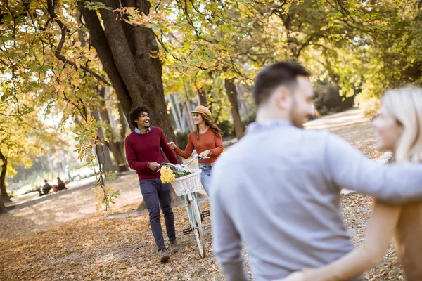 Skupina Multiraciálních Mladých Lidí Procházejících Podzimním Parku Bavících — Stock fotografie