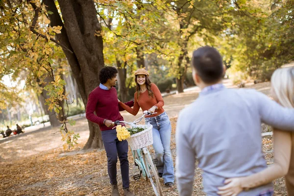 Gruppo Giovani Multirazziali Che Passeggiano Nel Parco Autunnale Divertono — Foto Stock