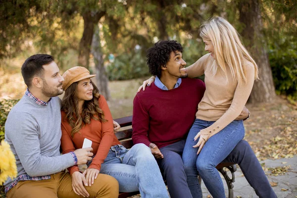 Grupo Jóvenes Amigos Multiétnicos Divirtiéndose Parque Otoño — Foto de Stock