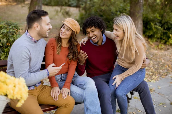 Grupo Jóvenes Amigos Multiétnicos Divirtiéndose Parque Otoño —  Fotos de Stock