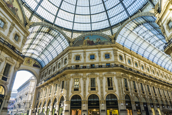 MILAN, ITALY - APRIL 14, 2019: Detail of Galleria Vittorio Emanuele II in Milan. It is one of the world oldest shopping malls, opened at 1877.