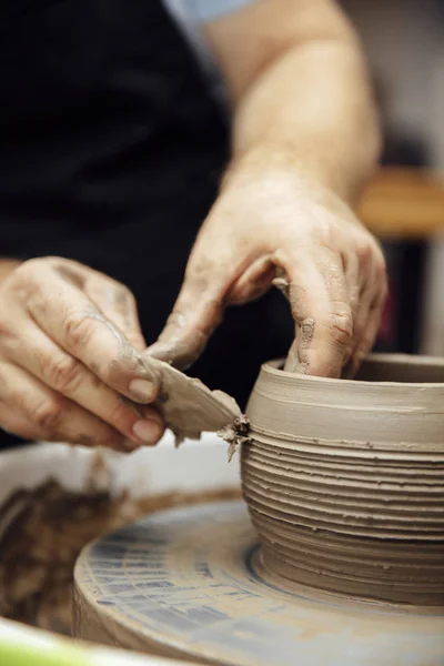 Close Detail View Mail Artist Makes Clay Pottery Spin Wheel — Stock Photo, Image