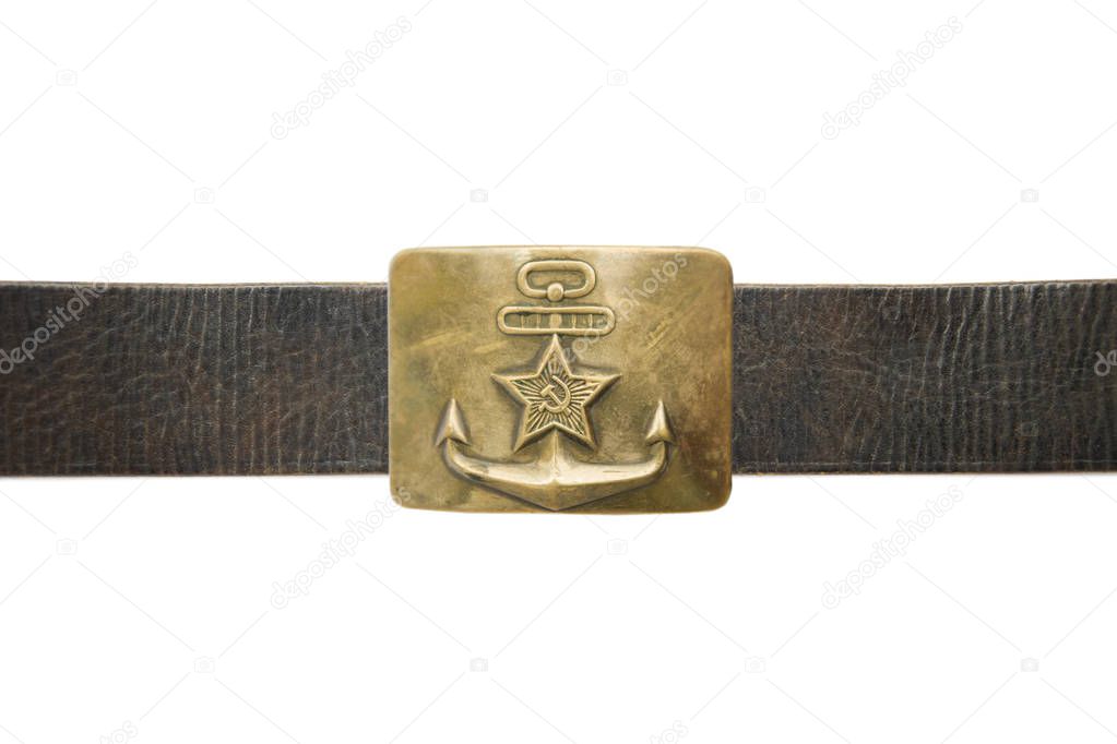 Old vintage buckle from soviet navy uniform isolated on a white background