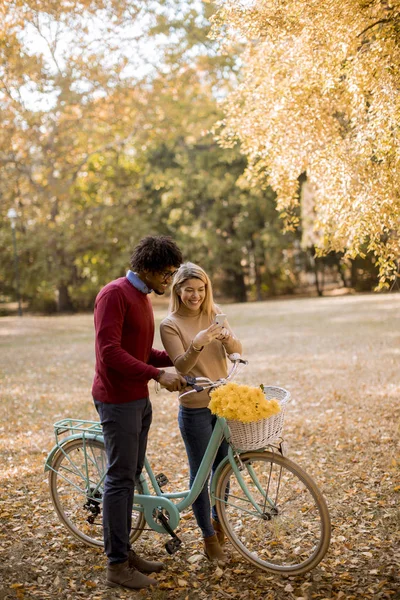 Молодая Многорасовая Пара Велосипедом Стоящая Осеннем Парке Пользующаяся Мобильным Телефоном — стоковое фото
