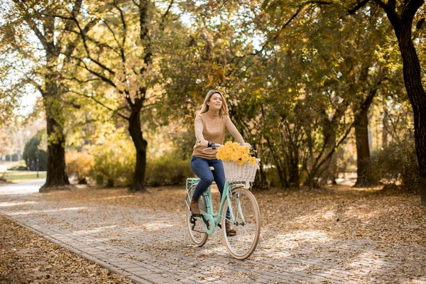 Attractive Young Woman Riding Bicycle Golden Autumn Park — Stock Photo, Image