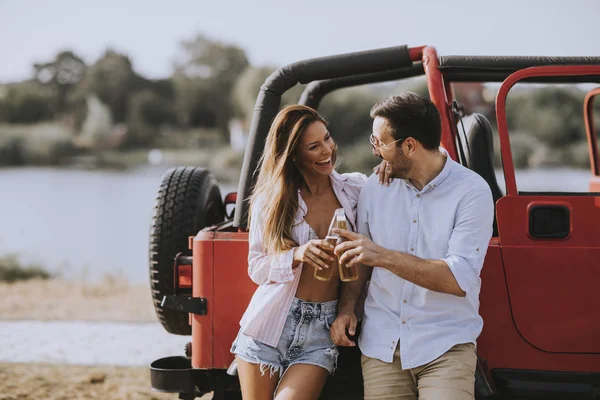 Young Woman Man Having Fun Outdoor Red Car Hot Summer — Stock Photo, Image