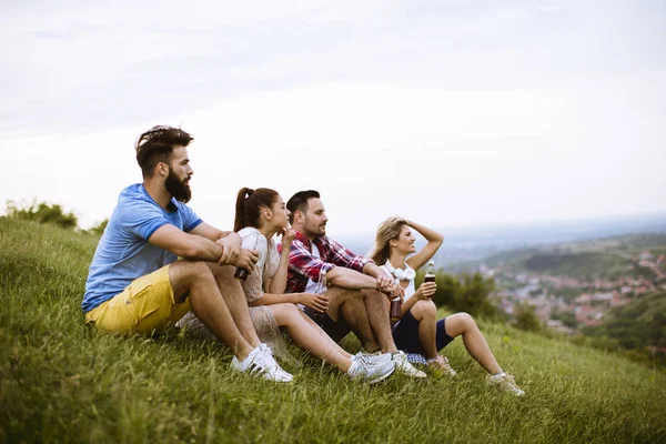 Group Happy Young Friends Sitting Grass Hill Drinking Cider — Stock Photo, Image
