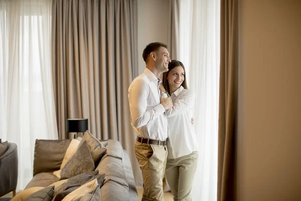 Romantic Happy Young Couple Relax Modern Home Interior — 图库照片