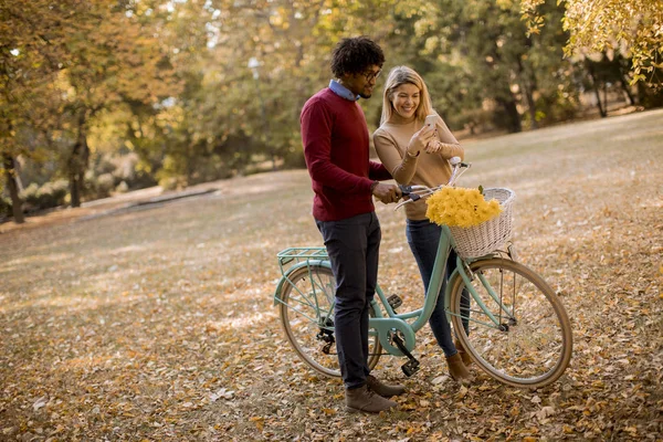 Multiracial Young Couple Bicycle Standing Autumn Park Using Mobile Phone — Stock Photo, Image