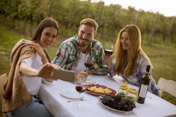 Grupo Jóvenes Sentados Junto Mesa Bebiendo Vino Tinto Tomando Selfie — Foto de Stock