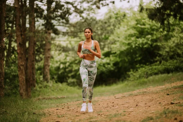 Pěkná Mladá Fitness Žena Běží Lesní Stezce — Stock fotografie