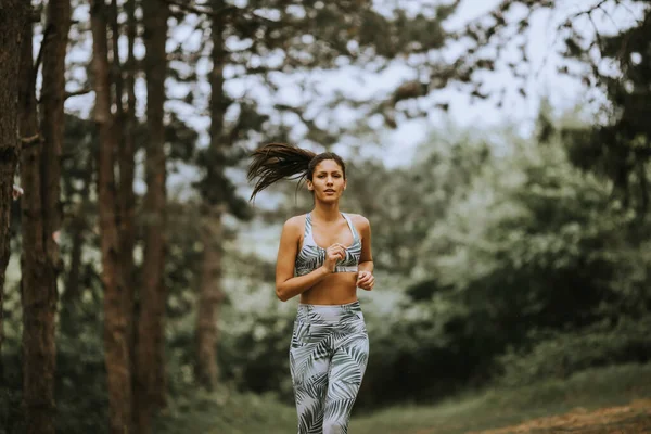 Pěkná Mladá Fitness Žena Běží Lesní Stezce — Stock fotografie